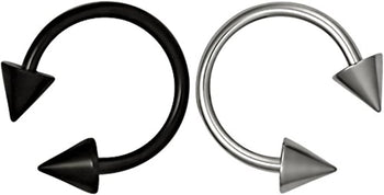 Forbidden Body Jewelry Set of 2 Rings: 16g 3/8 Black Titanium IP Plated and Surgical Steel Spiked Horseshoe Rings