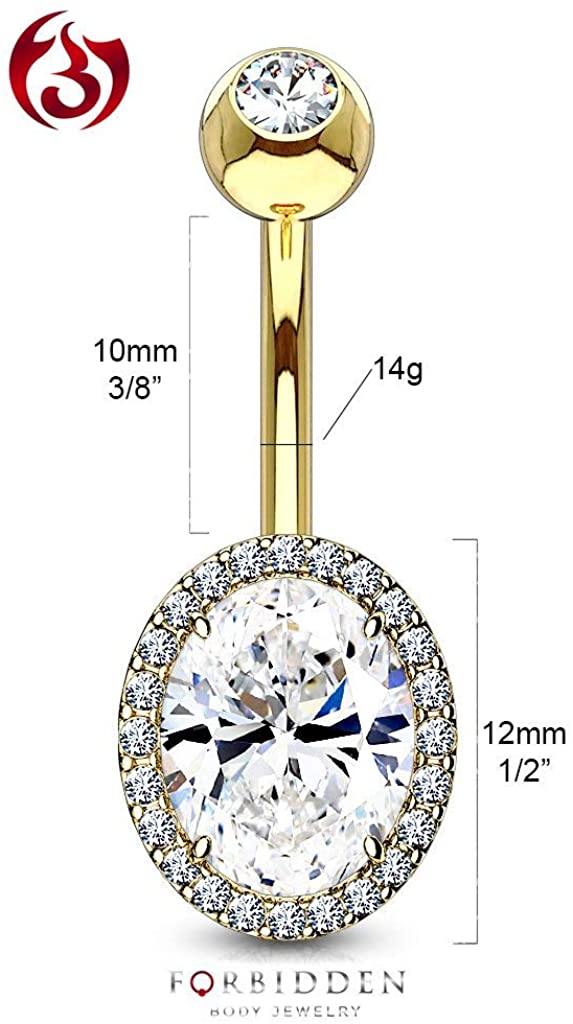 Forbidden Body Jewelry Surgical Steel Double Tiered Fancy CZ Oval Belly Button Ring with Large CZ Center