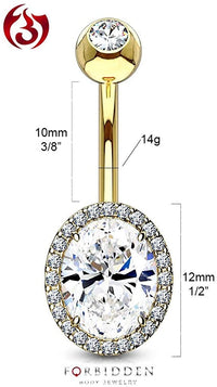 Forbidden Body Jewelry Surgical Steel Double Tiered Fancy CZ Oval Belly Button Ring with Large CZ Center