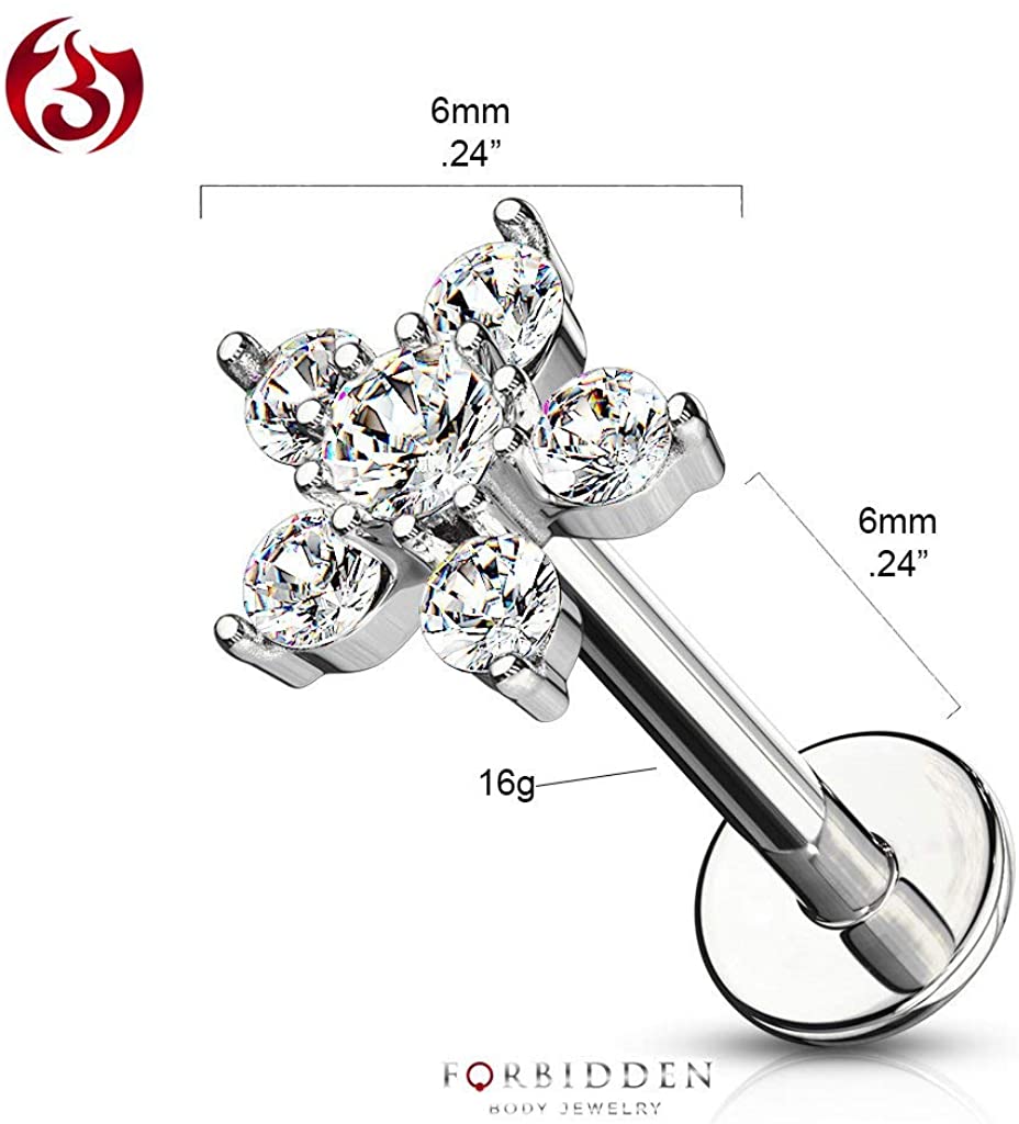 Forbidden Body Jewelry 16g 6-8mm Internally Threaded Surgical Steel Cartilage/Tragus/Labret/Monroe Stud w/Double Tier Floral Top