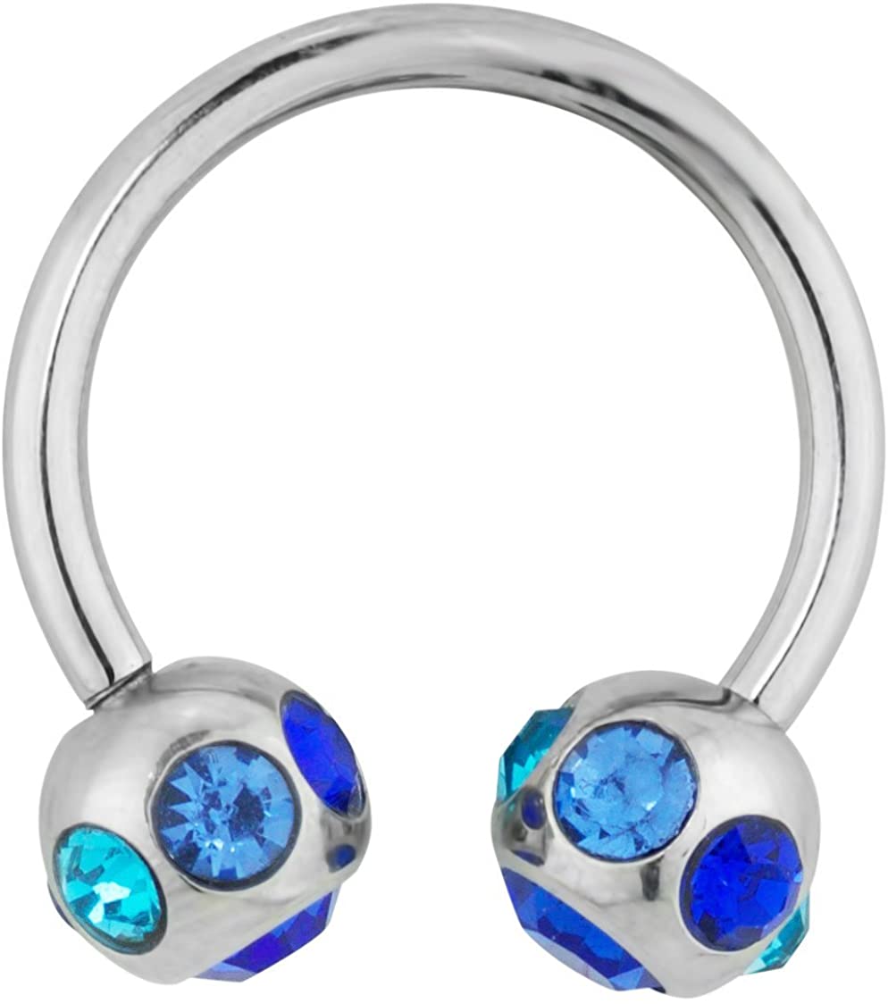 Forbidden Body Jewelry 14g 12mm Surgical Steel Horseshoe Piercing Ring with 7-Gem Blue Crystal 6mm Balls