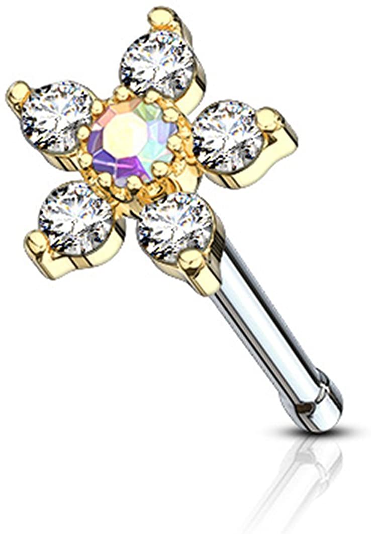 Forbidden Body Jewelry 20g Surgical Steel Nose Stud with Big Bling Two-Tone 6-CZ Crystal Flower Top