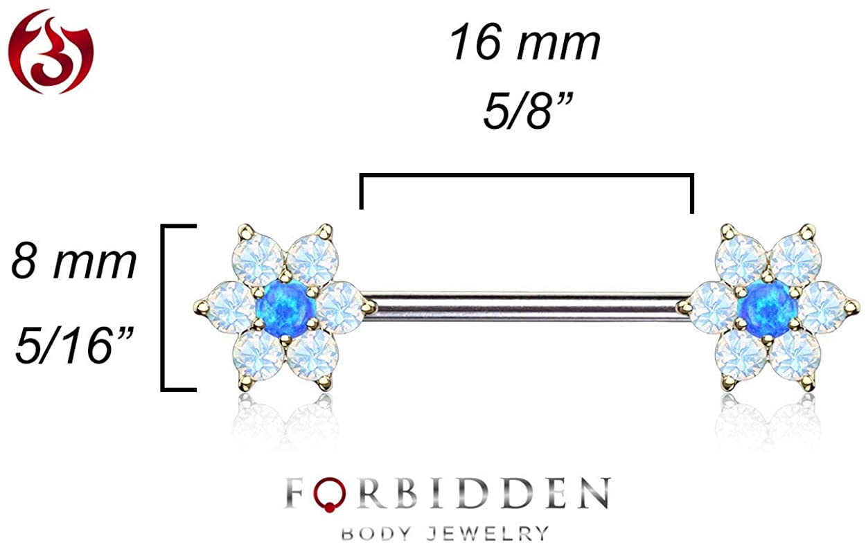 Forbidden Body Jewelry Pair of Surgical Steel 5/8 (16mm) Inch Synthetic Opalite Stone Flower Nipple Barbells