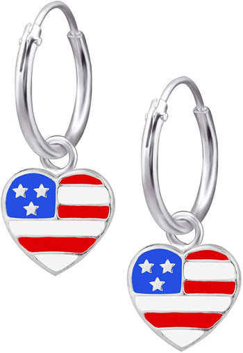 Hypoallergenic Sterling Silver American Flag Heart Earrings for Kids (Nickel Free)