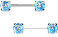 Forbidden Body Jewelry Pair of Surgical Steel 9/16 Inch (14mm) Glittery Faux Opal Stone Sexy Nipple Barbells