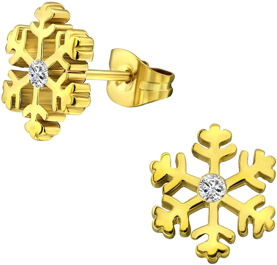 14k Yellow Gold Plated Surgical Steel Cubic Zirconia Snowflake Earrings