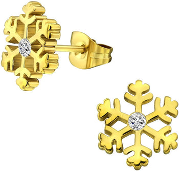 14k Yellow Gold Plated Surgical Steel Cubic Zirconia Snowflake Earrings