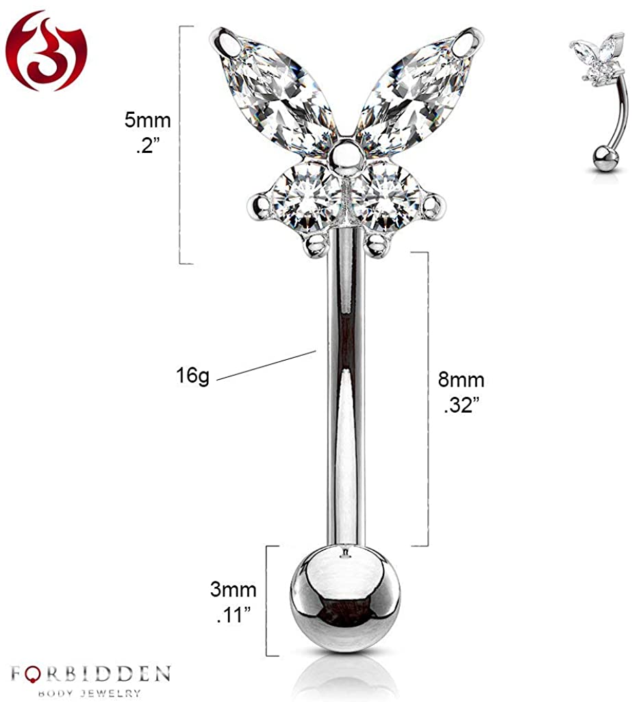 Forbidden Body Jewelry 16g 8mm Surgical Steel Curved Barbell for Daith, Eyebrow, Rook & Belly Button with CZ Butterfly Top