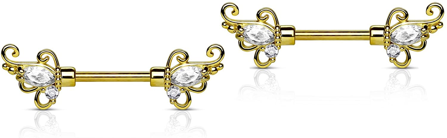 Forbidden Body Jewelry 14g 1/2 Inch (12mm) Surgical Steel & Gold Plated Floral CZ Crystal Nipple Ring Barbell Set