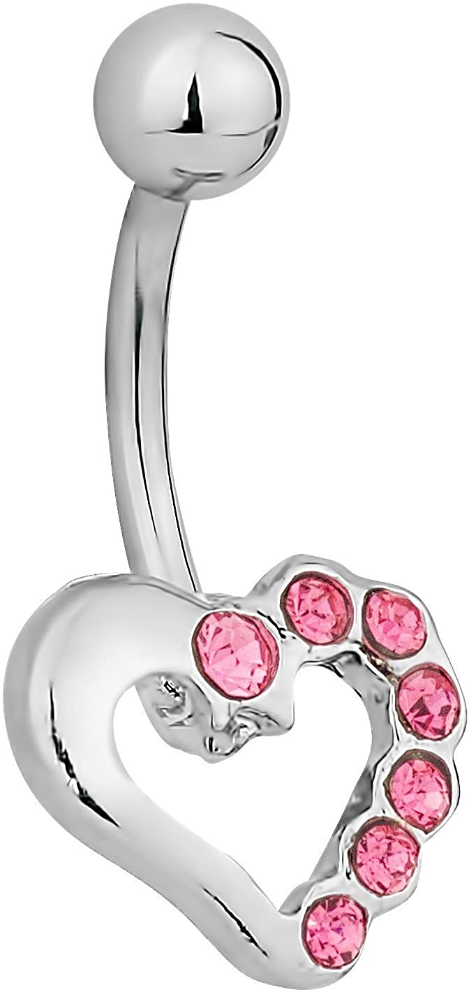 Forbidden Body Jewelry Surgical Steel Pink Pave Jeweled CZ Heart Belly Button Ring