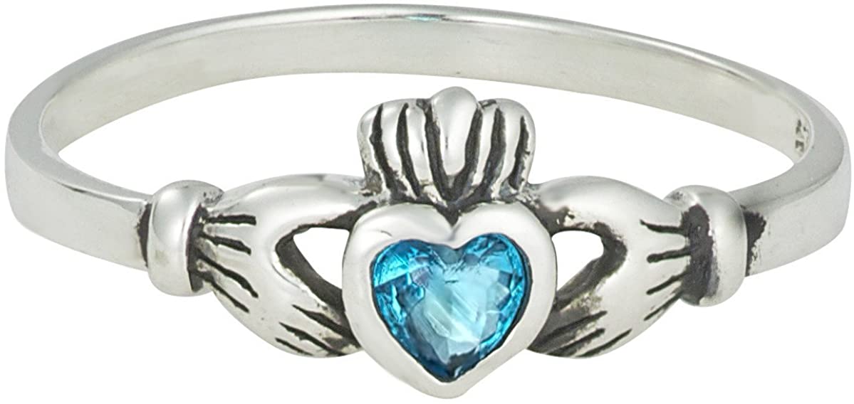 Kinzie Fashion .925 Sterling Silver Aqua CZ .25 cttw Simulated Diamond Claddagh Ring