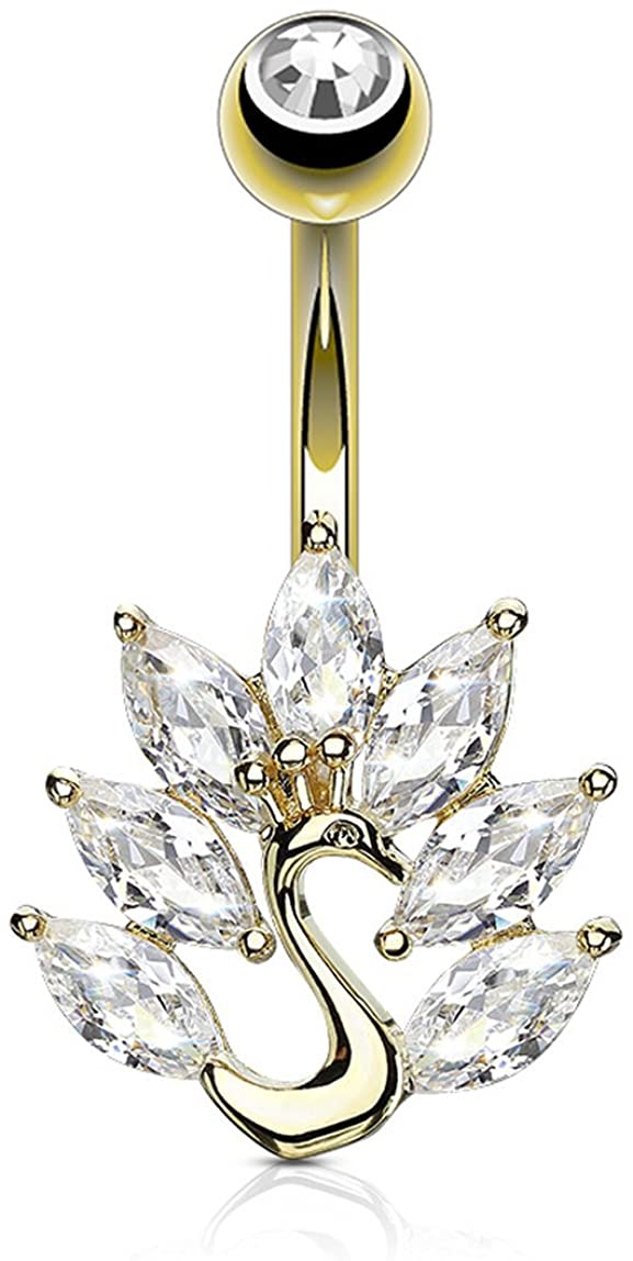 Forbidden Body Jewelry Surgical Steel CZ Simulated Diamond Feathers Peacock Belly Button Ring