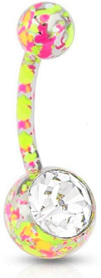 Forbidden Body Jewelry 14g Surgical Steel Pink & Yellow Paint Splatter Crystal Belly Button Ring