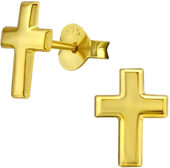 Hypoallergenic 14k Yellow Gold Plated Sterling Silver Cross Stud Earrings for Little Girls (Nickel Free)