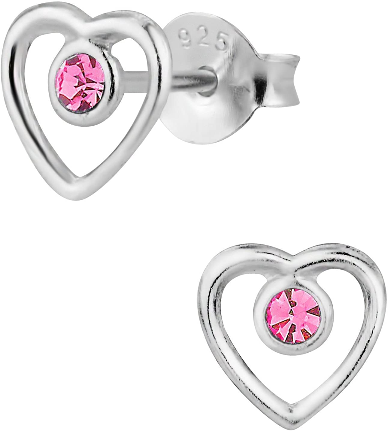 Hypoallergenic Sterling Silver Pink Crystal Heart Stud Earrings for Kids (Nickel Free)