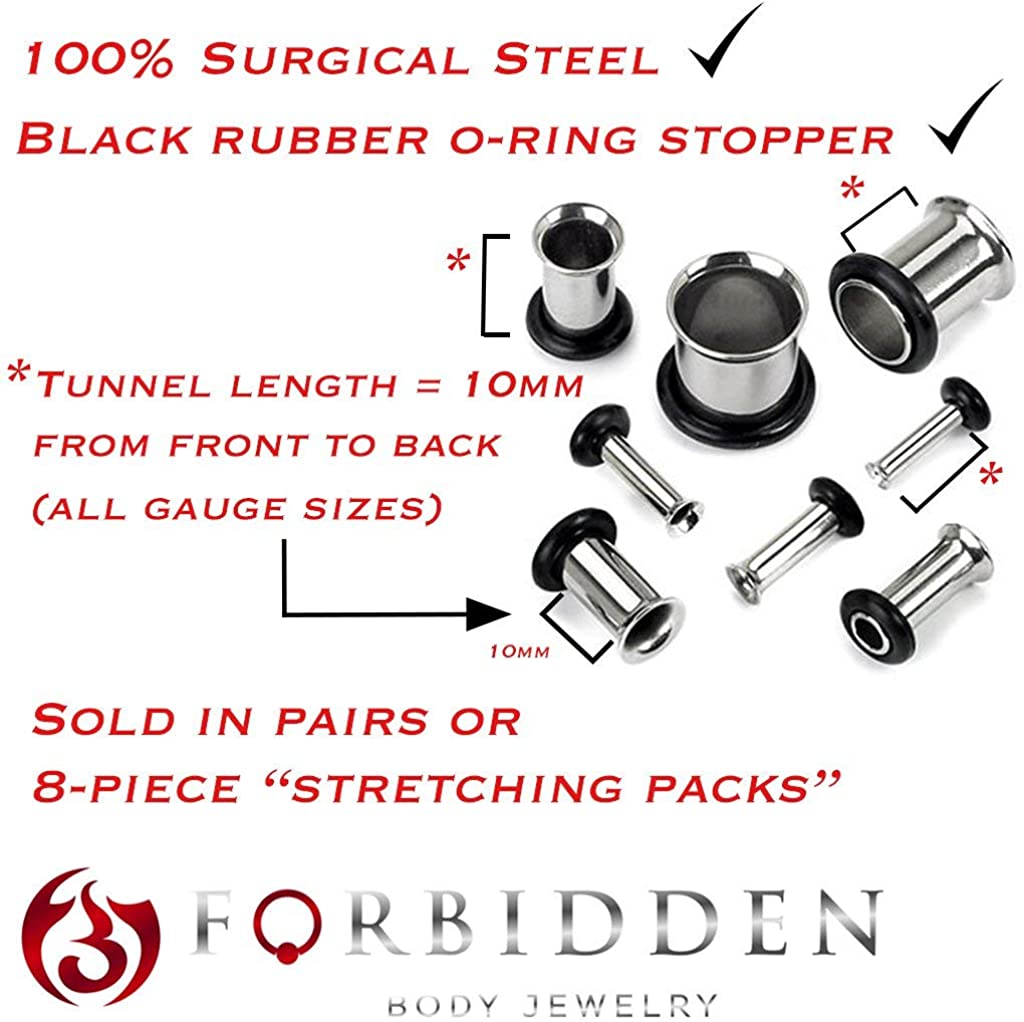 Forbidden Body Jewelry 12G-1 Inch Surgical Steel Single Flared Tunnel Plugs Plus O-Ring, Choose Pcs/Gauge