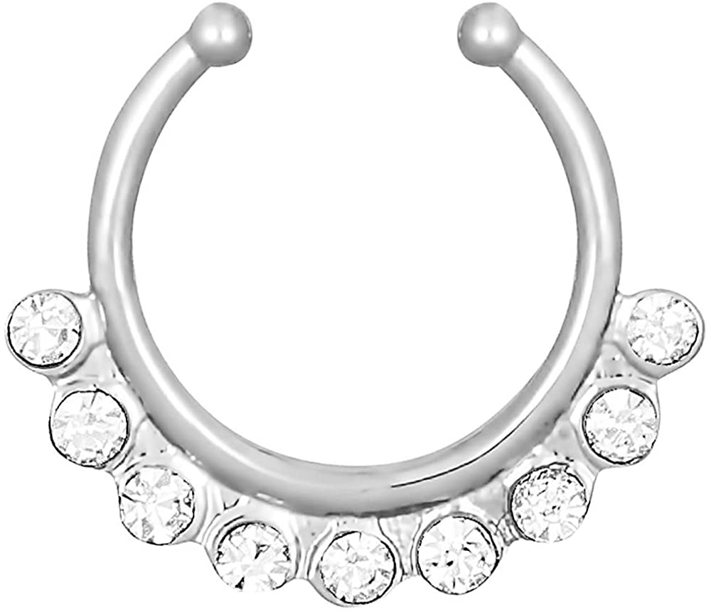 Forbidden Body Jewelry Non-Piercing Septum Jewelry: Multi Gem CZ Clip On Fake Septum Ring Hanger (No Piercing Required)