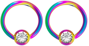 Forbidden Body Jewelry Pair 14g-18g Rainbow & Black Surgical Steel CZ Piercing Hoops (Select Hoop Color/Gauge/Diameter/CZ Color)