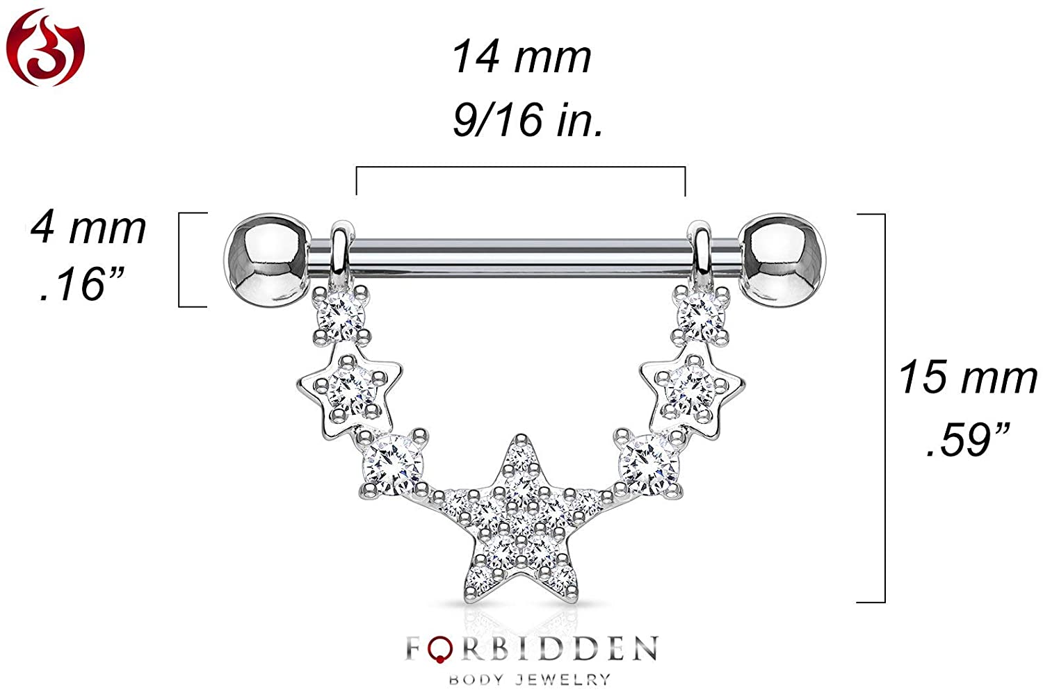 Forbidden Body Jewelry Pair of Surgical Steel 9/16 Inch (14mm) D-Ring Style Pave CZ Star Chain Dangle Nipple Barbells