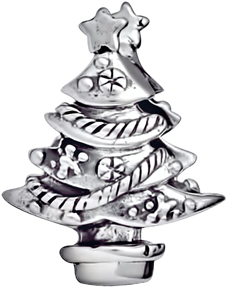 .925 Sterling Silver Oxidized Christmas Tree Holiday Charm for European Style Snake Chain Bracelets