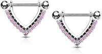 Forbidden Body Jewelry Pair of Surgical Steel 9/16 Inch (14mm) CZ Lined Black Accent Sexy Dangle Nipple Rings