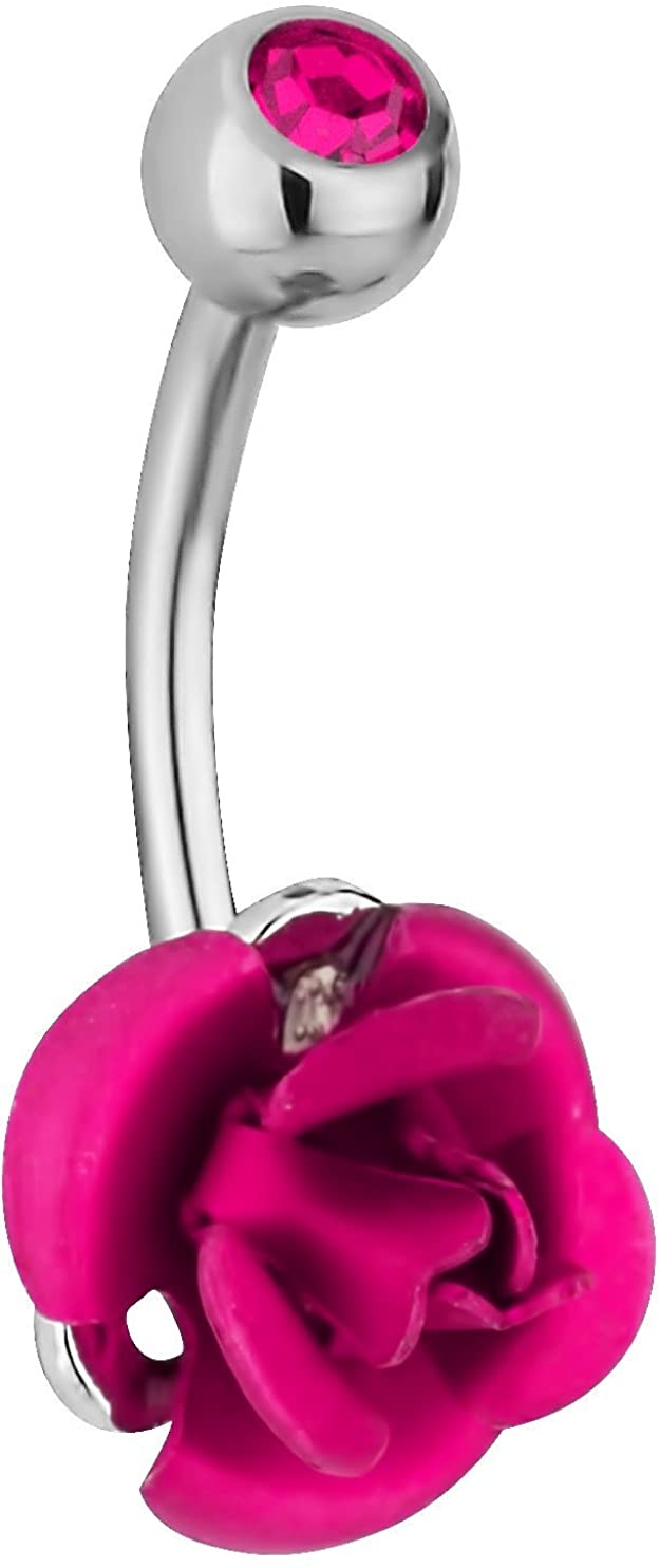 Forbidden Body Jewelry Surgical Steel Pink Metal Rose with Jeweled Barbell Belly Button Ring