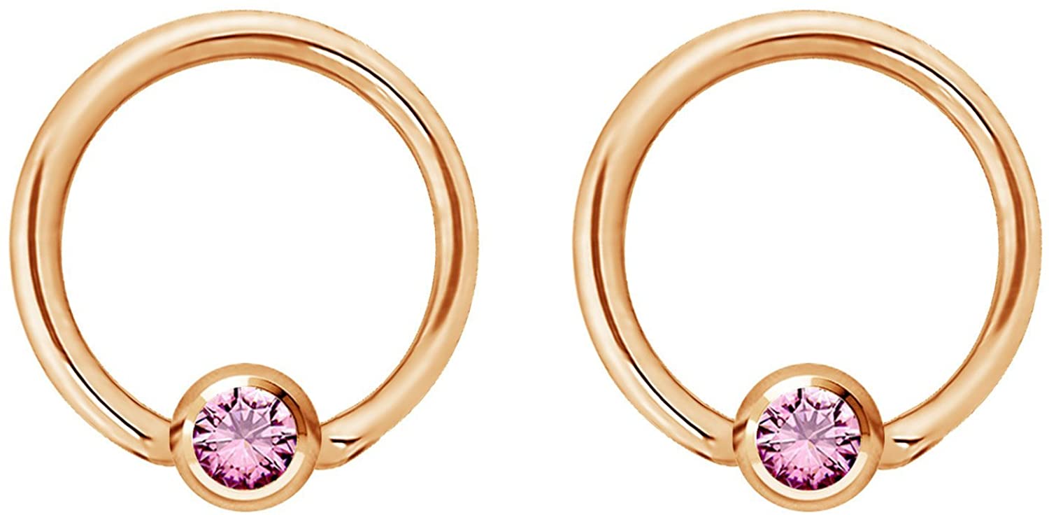 Pair 14g-20g Gold & Rose Gold Tone Surgical Steel CZ Gemmed Captive Bead Body Piercing Hoops (2pcs)