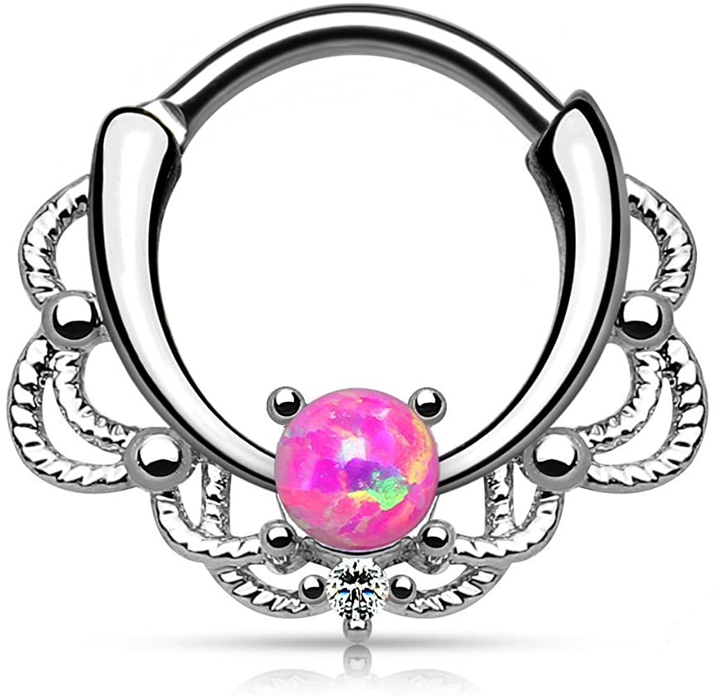 Forbidden Body Jewelry 16g Synthetic Opal Surgical Steel Filigree Lacey Detail Septum Hoop Clicker Ring