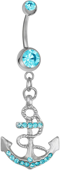 Forbidden Body Jewelry Surgical Steel Aqua Blue CZ Crystal Anchor Nautical Dangle Belly Button Ring