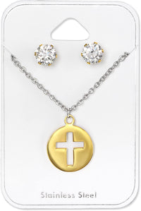 Gold Plated Stainless Steel Cross Cut-Out Pendant Necklace & CZ Stud Earring Set for Girls