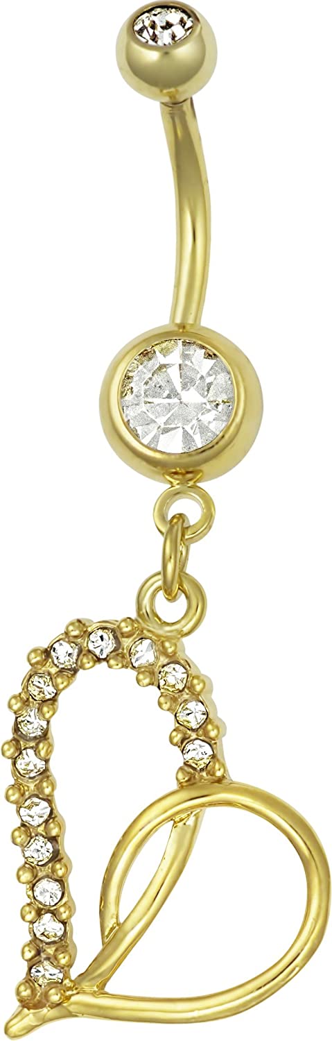 Forbidden Body Jewelry 14kt Gold Plated Surgical Steel Pave CZ Simulated Diamond Heart Dangle Belly Button Ring