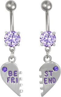 Forbidden Body Jewelry Surgical Steel Set of Best Friend Matching Purple Gem Dangle Heart Belly Button Rings