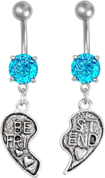 Surgical Steel Set of Best Friend Matching Aqua Jeweled Heart Belly Button Rings