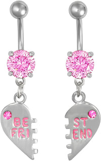 Forbidden Body Jewelry Surgical Steel Set Best Friend Matching Pink Gem Dangle Heart Belly Button Rings