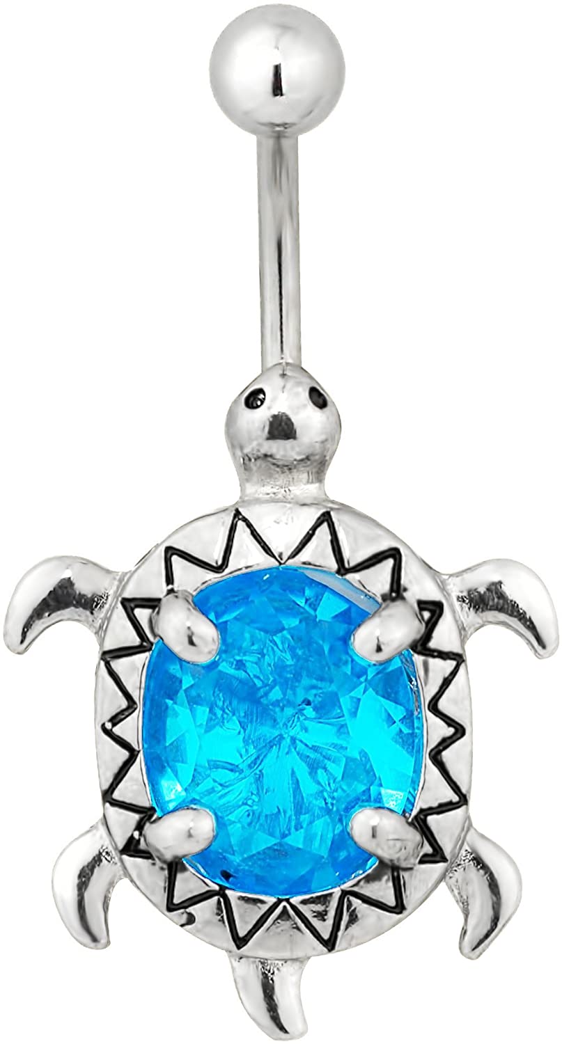 Forbidden Body Jewelry Surgical Steel Aqua Blue Jeweled CZ Sea Turtle Animal Belly Button Ring