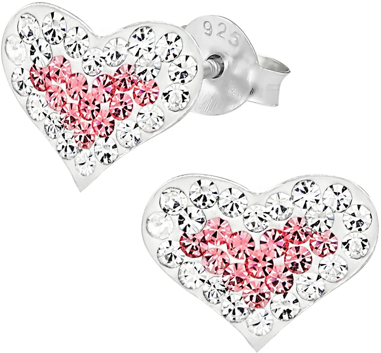 Hypoallergenic Sterling Silver Crystal Heart Stud Earrings for Kids (Nickel Free)