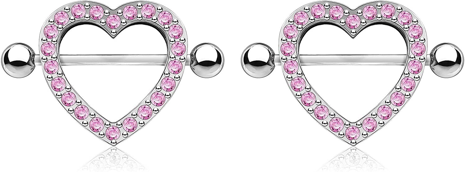 Forbidden Body Jewelry Surgical Steel CZ Crystal Heart Nipple Shield Barbells