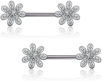 Forbidden Body Jewelry Pair of Surgical Steel 9/16 Inch (14mm) Sexy Pave CZ Flower Nipple Barbells