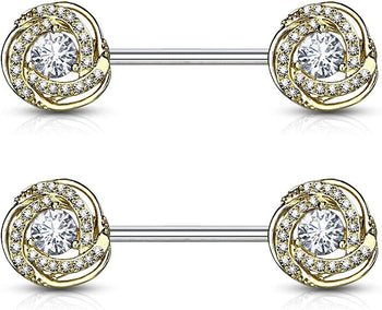 Forbidden Body Jewelry Ultra Glam CZ Swirl Halo Frame Surgical Steel Nipple Barbells