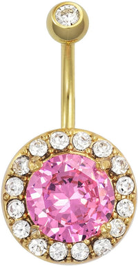 Forbidden Body Jewelry 14kt Gold Plated Framed Solitaire Pink CZ Crystal Belly Button Ring