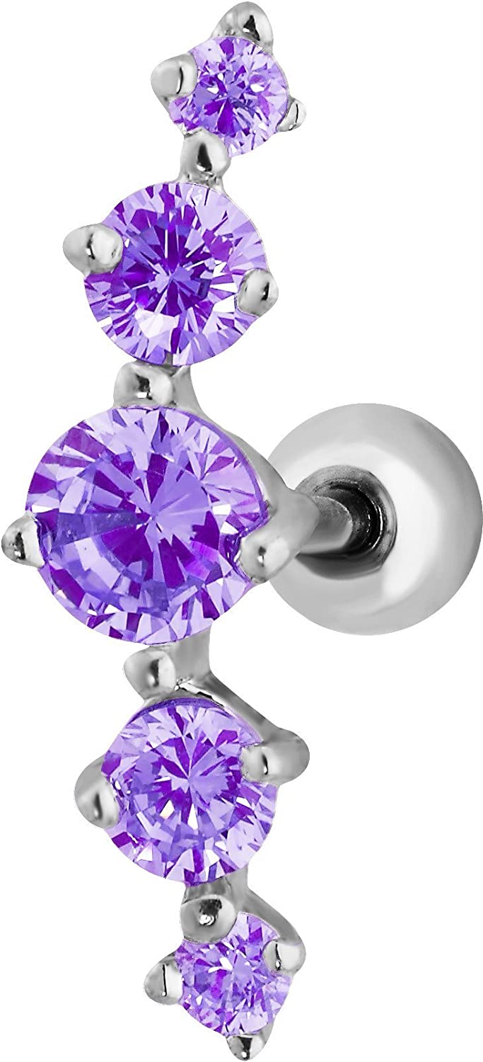 Forbidden Body Jewelry 16g 6mm Surgical Steel 5-Gem Curved CZ Crystal Cartilage Stud Earring