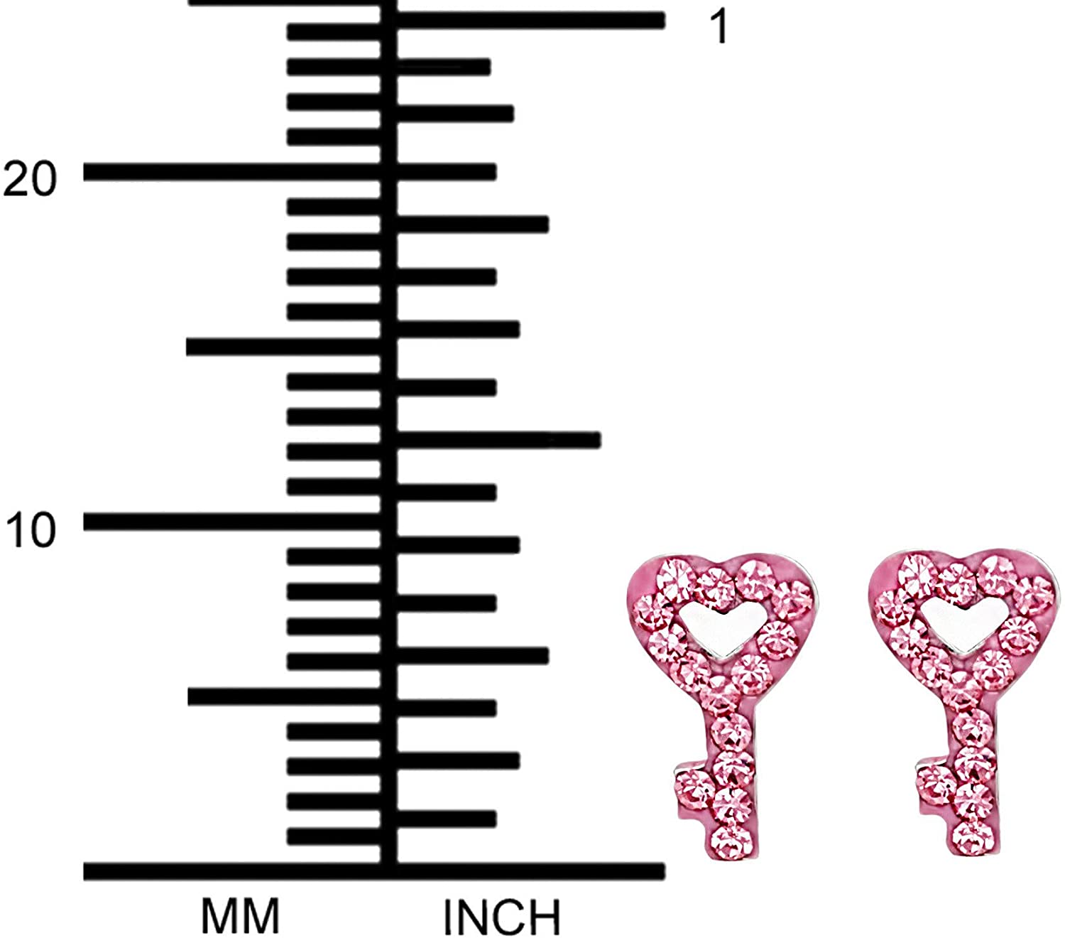 Hypoallergenic Sterling Silver Pink Crystal Heart Key Stud Earrings for Kids (Nickel Free)