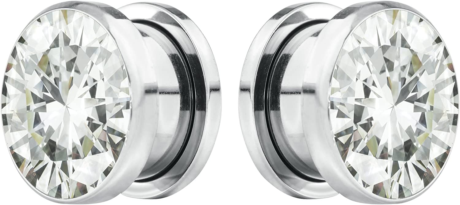 Forbidden Body Jewelry 8G-7/8 Surgical Steel Screw Fit CZ Center Tunnel Plug Earrings (Sold as Pair)