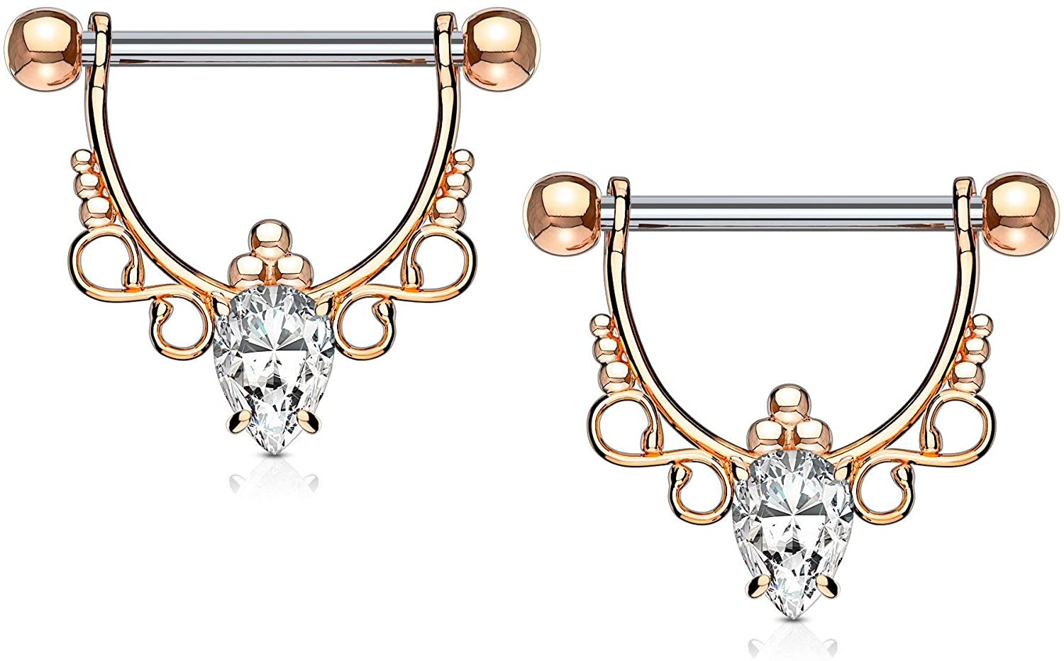 Forbidden Body Jewelry Pair of Surgical Steel 1/2 Inch (12mm) D-Ring Style Fancy CZ Chandelier Dangle Nipple Barbells