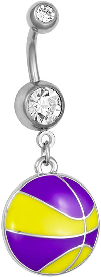 Surgical Steel Yellow & Purple Basketball Double Jeweled Dangle Belly Button Ring