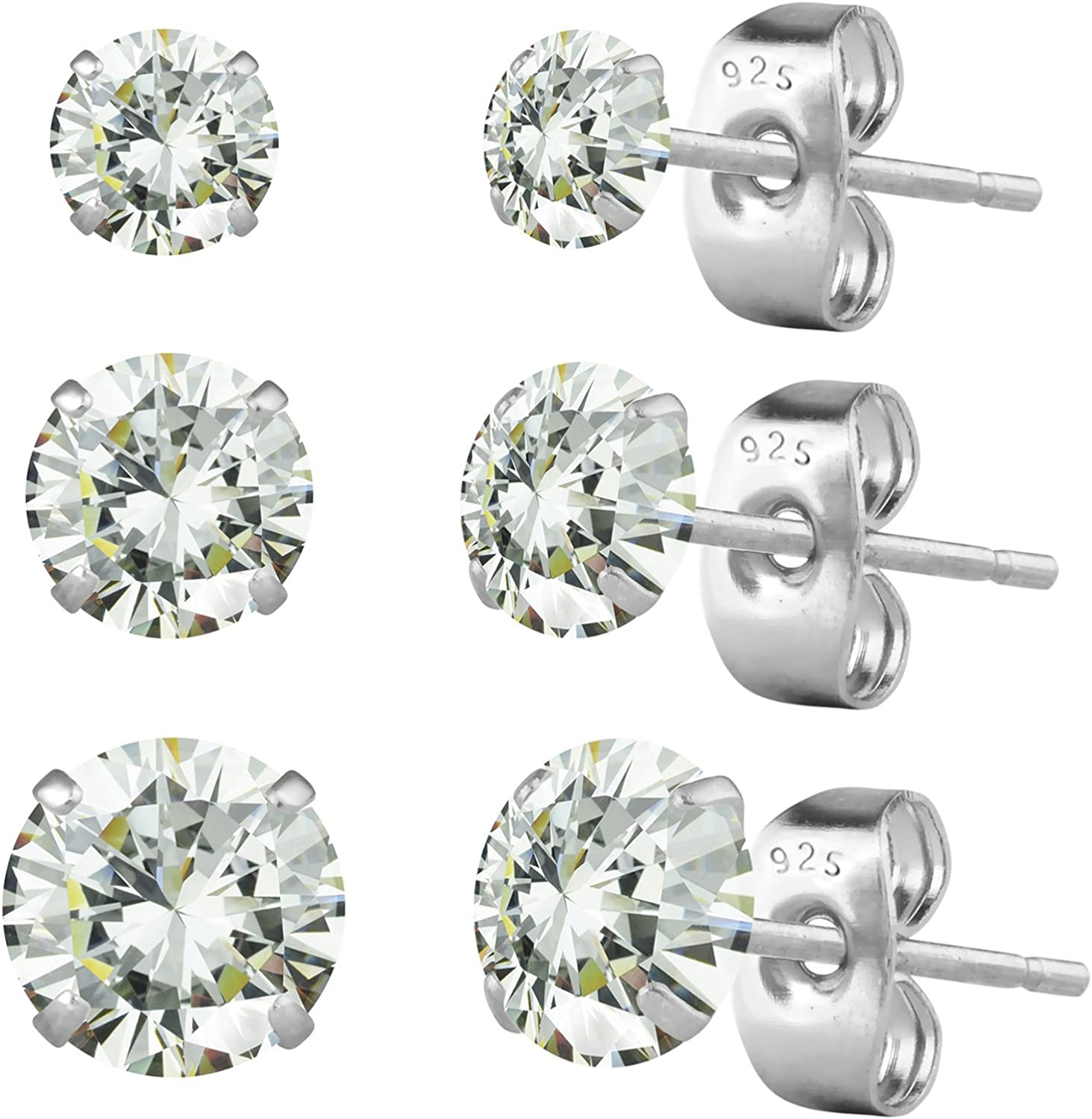 6pcs .86cttw - 2.86cttw Sterling Silver Hypoallergenic CZ Simulated Diamond Girls' Earrings