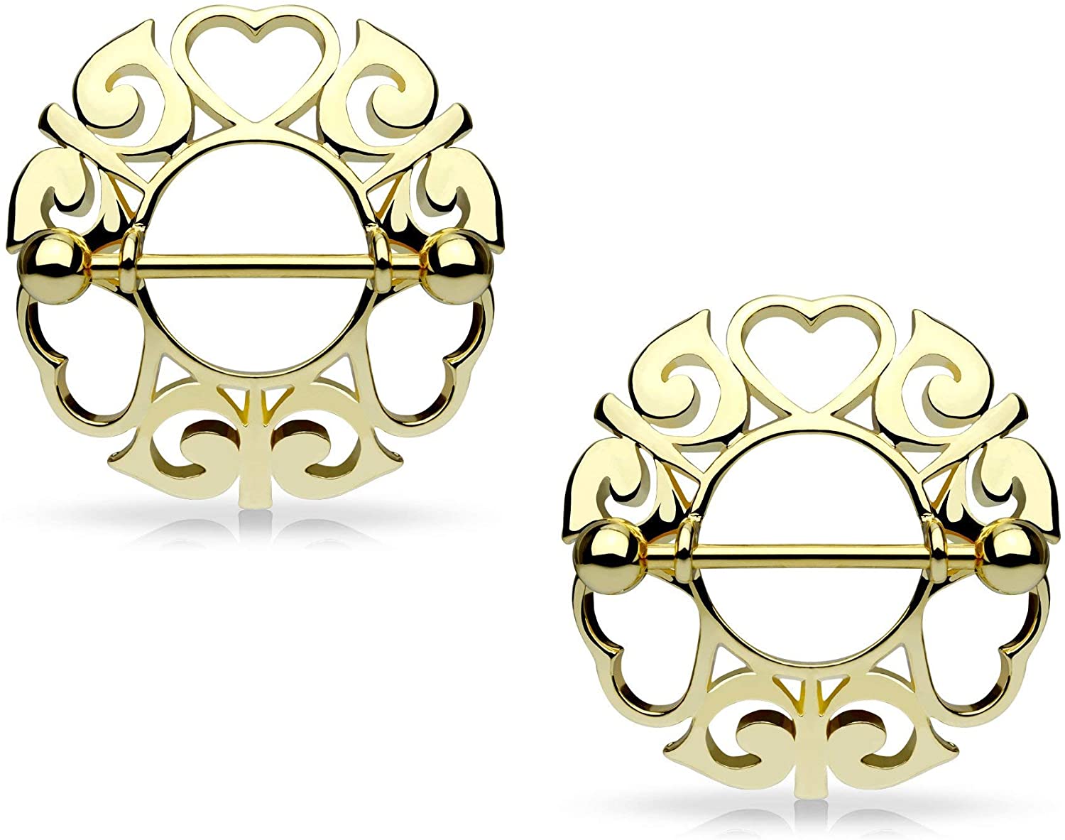 Forbidden Body Jewelry Pair of Surgical Steel Tribal Heart Nipple Piercing Shields, 9/16 Inch Barbells