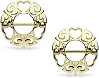 Forbidden Body Jewelry Pair of Surgical Steel Tribal Heart Nipple Piercing Shields, 9/16 Inch Barbells