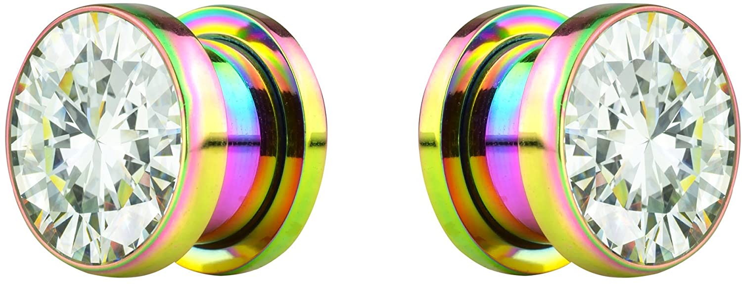 Forbidden Body Jewelry 2pcs 8G-7/8 Surgical Steel Screw Fit CZ Center Rainbow Tunnel Plug Earrings