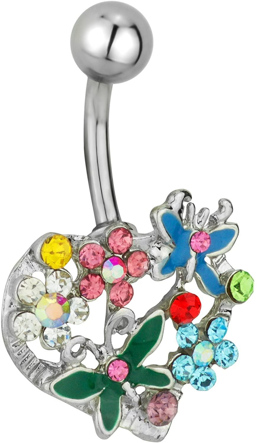 Forbidden Body Jewelry Surgical Steel Butterfly and Flower Heart Jeweled Belly Button Ring